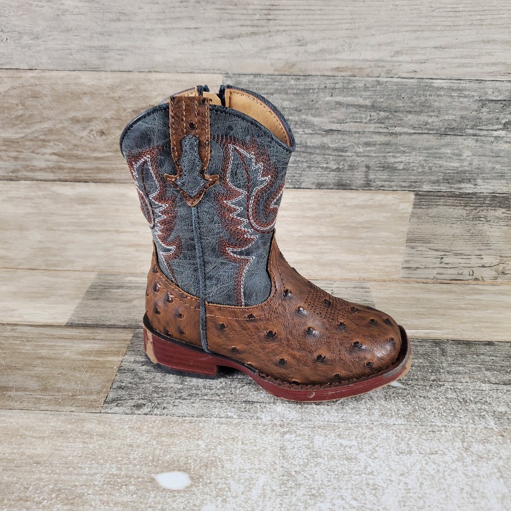 Roper Bumps Toddler Boot Sz 7 Brown Leather Ostrich Print Side Zipper Square Toe